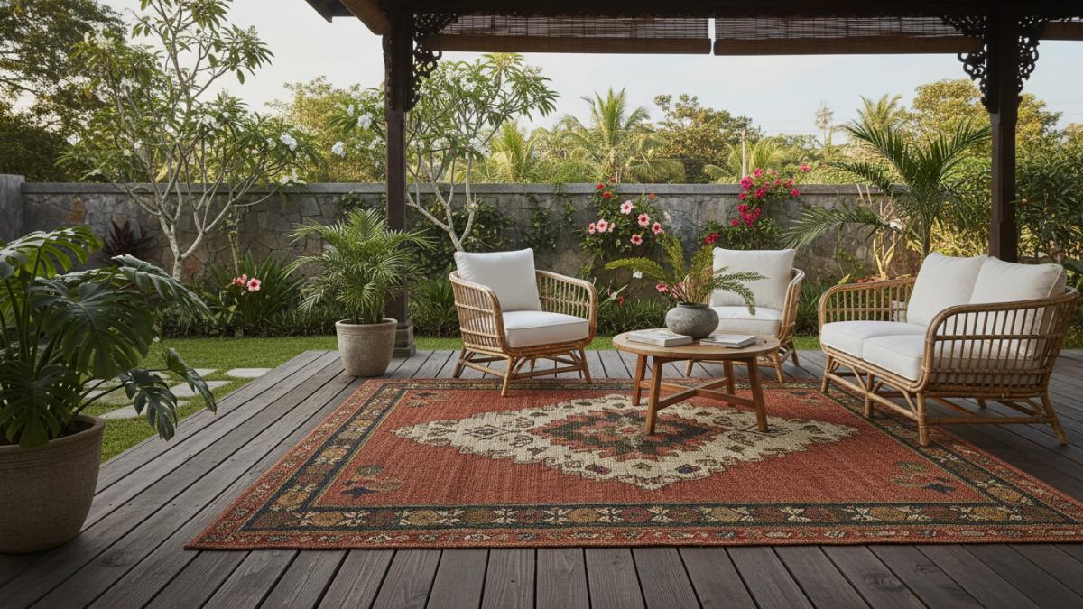 Karpet outdoor di teras rumah sebagai elemen dekor visual.