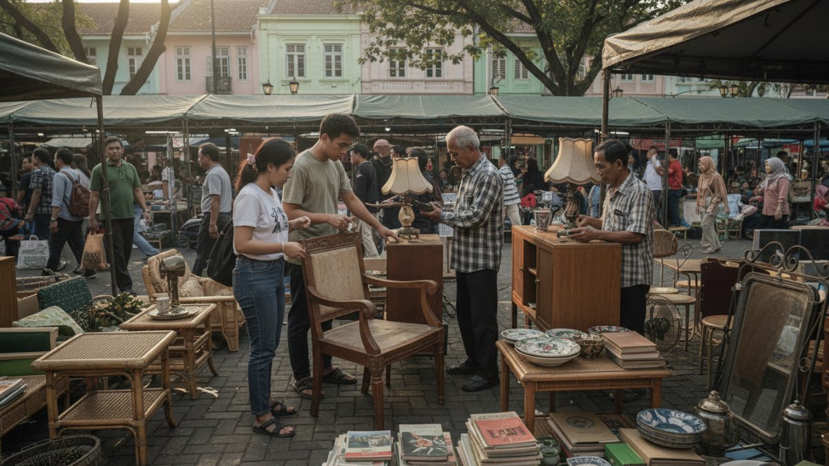 Aktivitas memilih perabot rumah tangga bekas berkualitas di pasar loak yang masih layak digunakan.