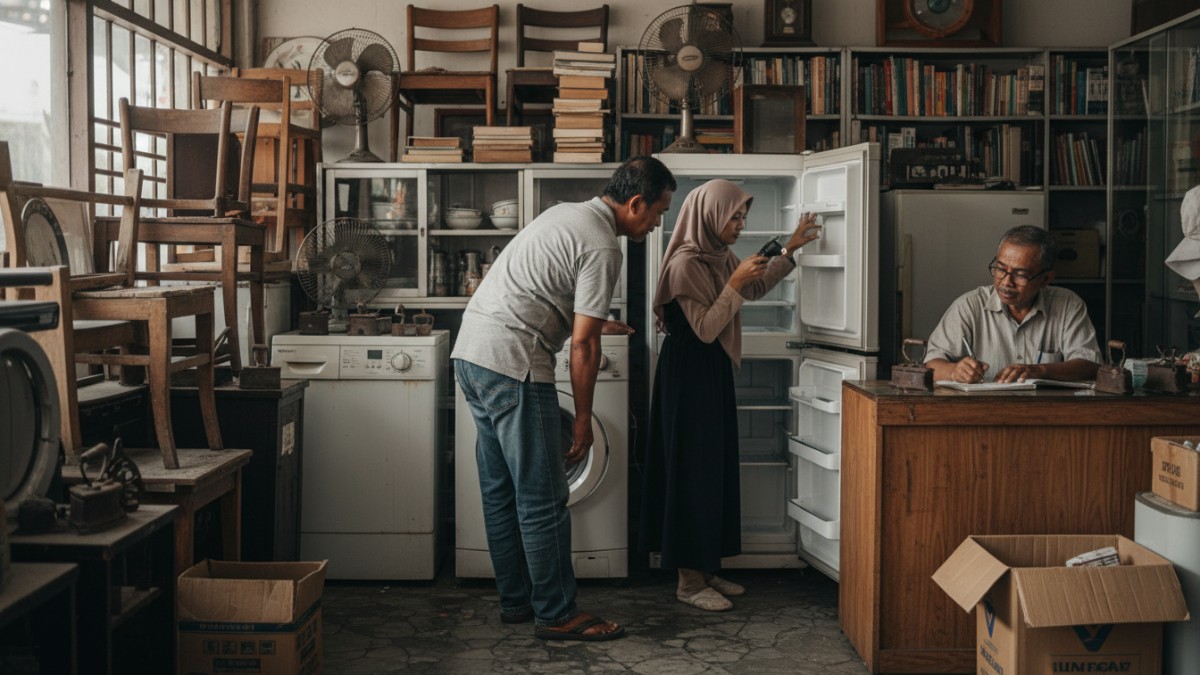 Aktivitas memeriksa kondisi barang bekas sebelum dibeli di toko barang second. 