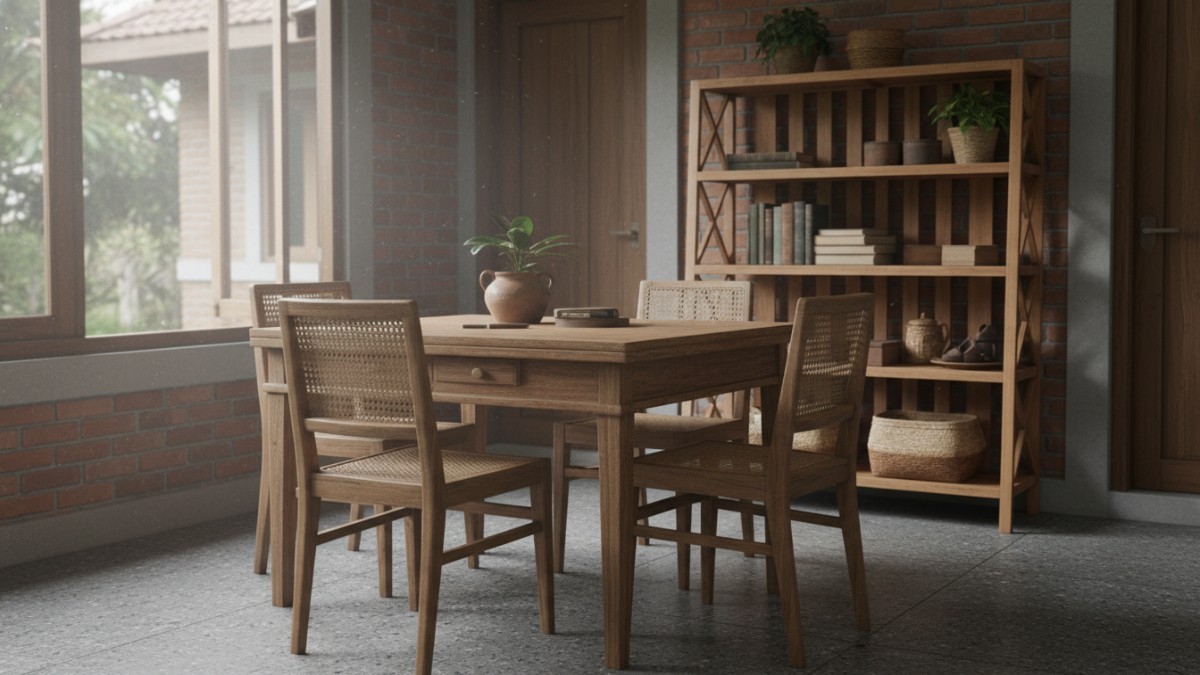 Contoh perabot rumah tangga bekas seperti meja, kursi, dan rak yang masih fungsional. 