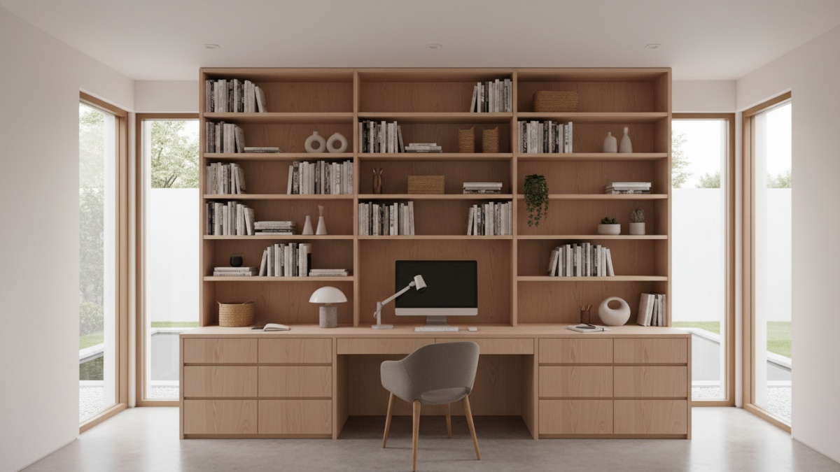 Desain workspace dengan rak buku dan meja kerja menyatu. 