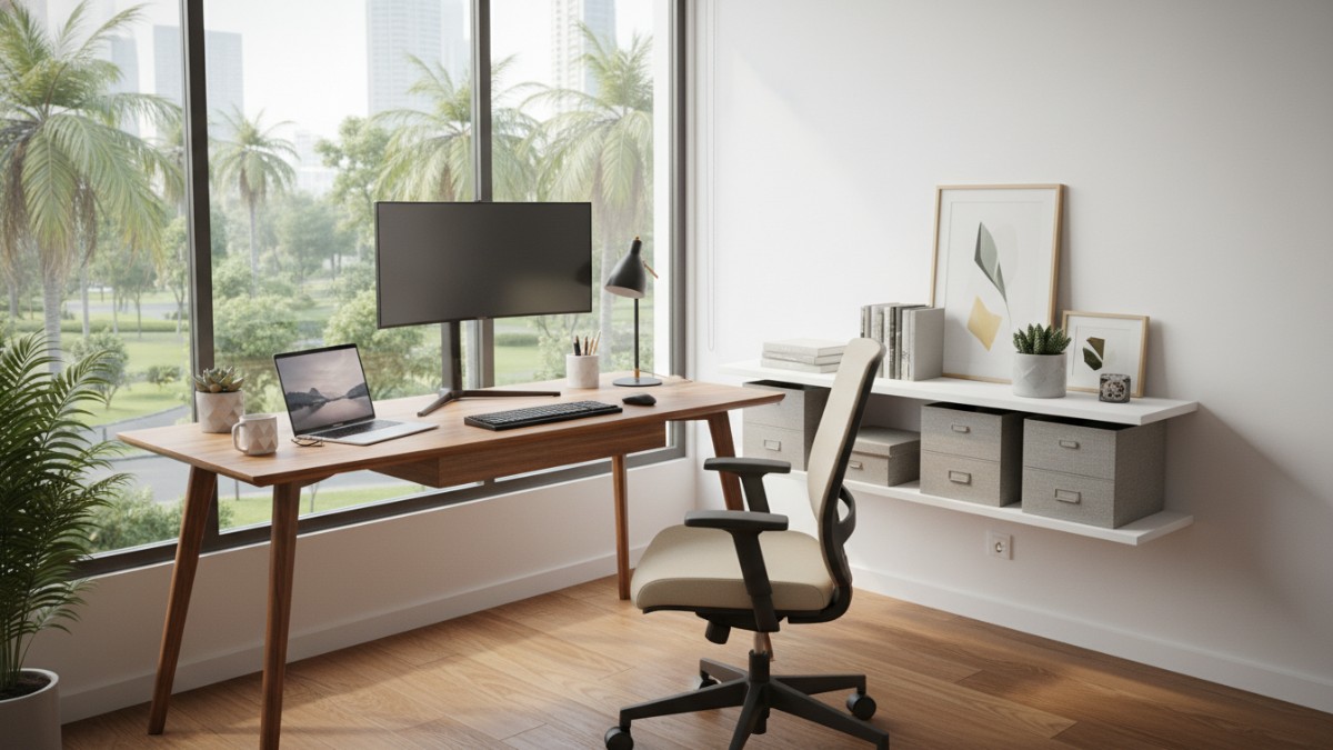 Area kerja di sudut ruangan rumah minimalis modern. 