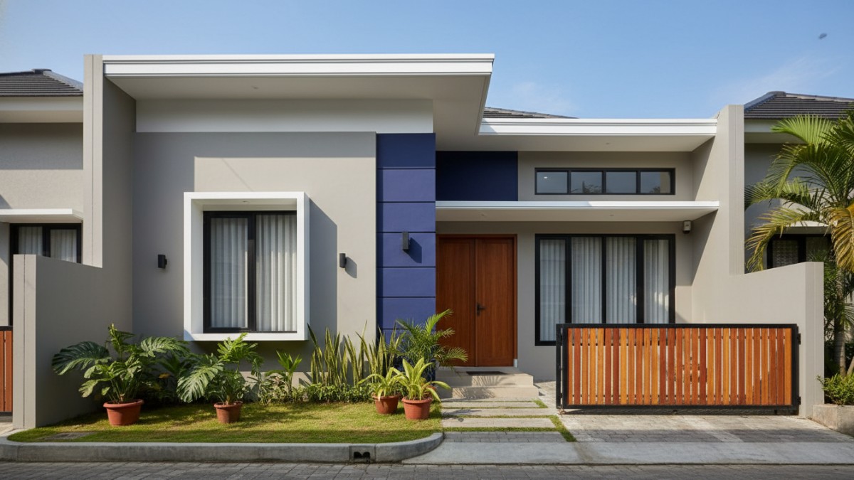 Tampilan rumah modern dengan kombinasi warna cat elegan yang menciptakan kesan hunian premium.