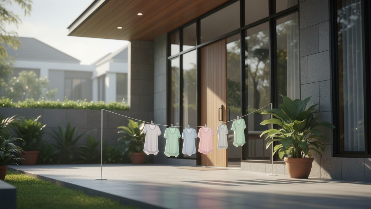 Jemuran baju bayi kecil dengan pakaian warna pastel dijemur di bawah sinar matahari pagi. 