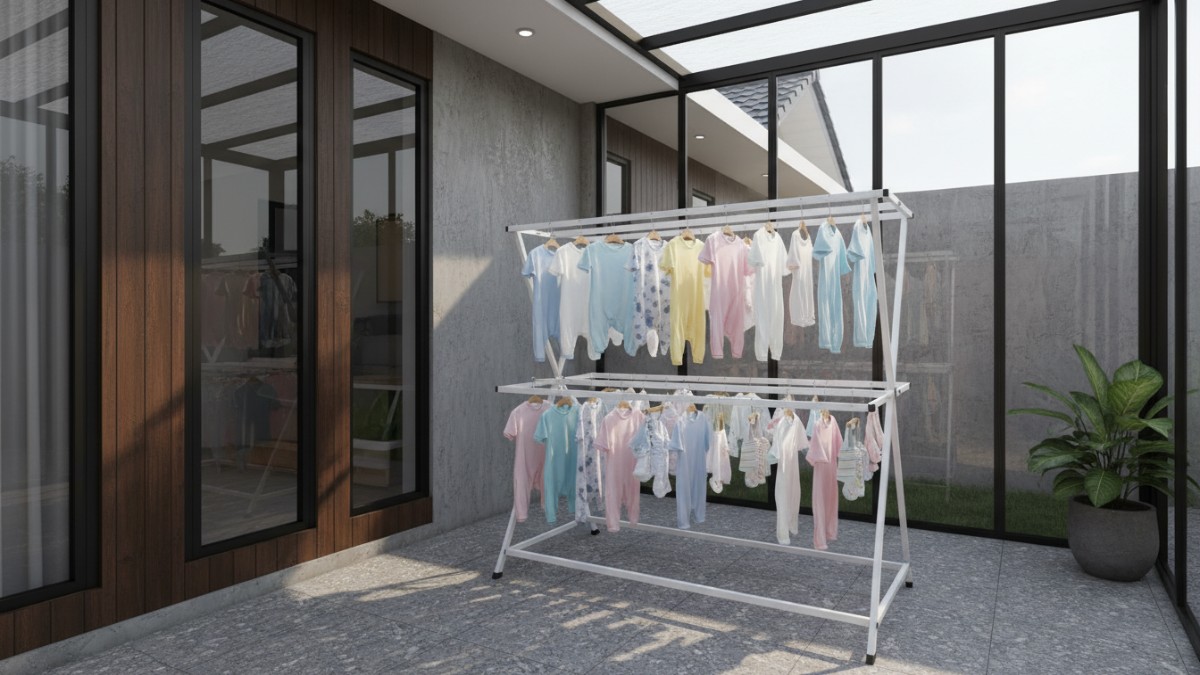 Baju bayi dijemur rapi di jemuran khusus dengan jarak antar pakaian. 