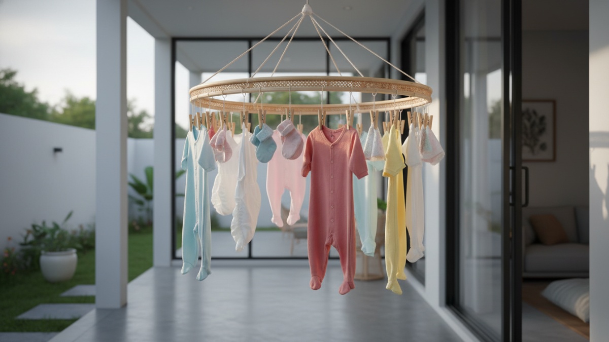 Contoh jemuran gantung khusus pakaian bayi berbentuk melingkar. 
