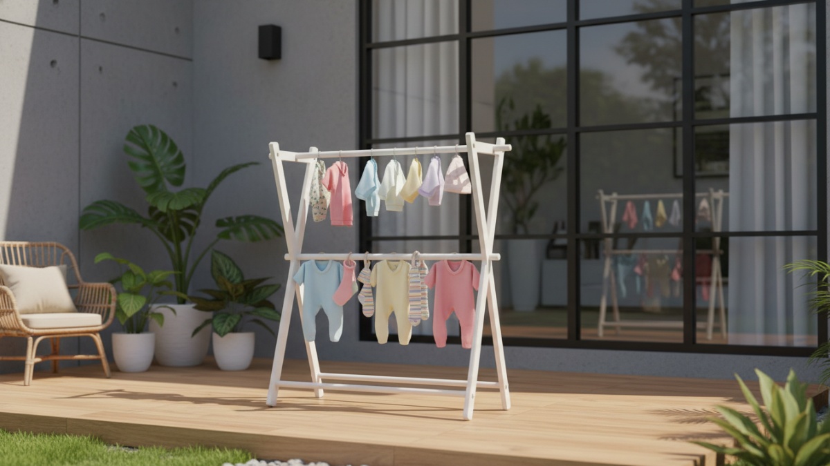 Rak jemuran kecil untuk pakaian bayi di teras rumah. 
