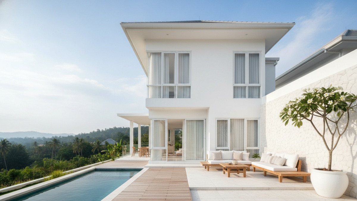 Putih merupakan warna paling klasik dalam desain rumah modern. Warna ini memberi kesan bersih, luas, dan minimalis. 