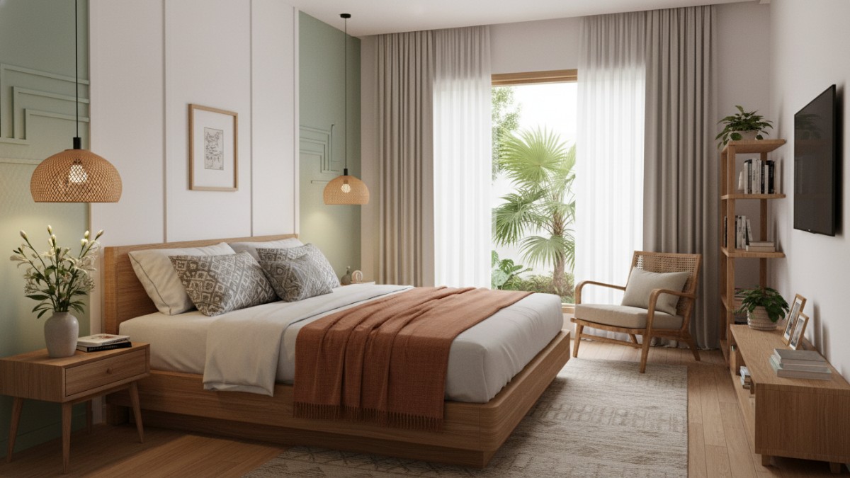 Desain kamar tidur pasangan dengan nuansa hangat dan pencahayaan lembut menciptakan suasana harmonis di rumah.