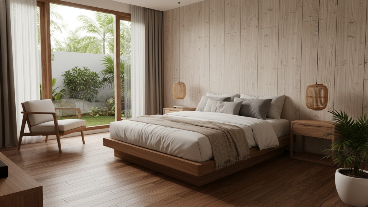 Inspirasi desain kamar pasutri minimalis dengan material kayu dan warna netral.