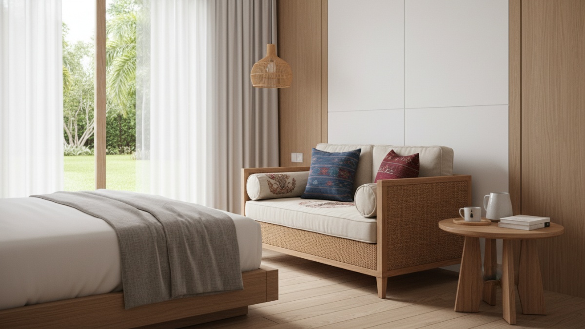 Desain kamar pasutri dengan sudut santai kecil untuk berbincang sebelum tidur.