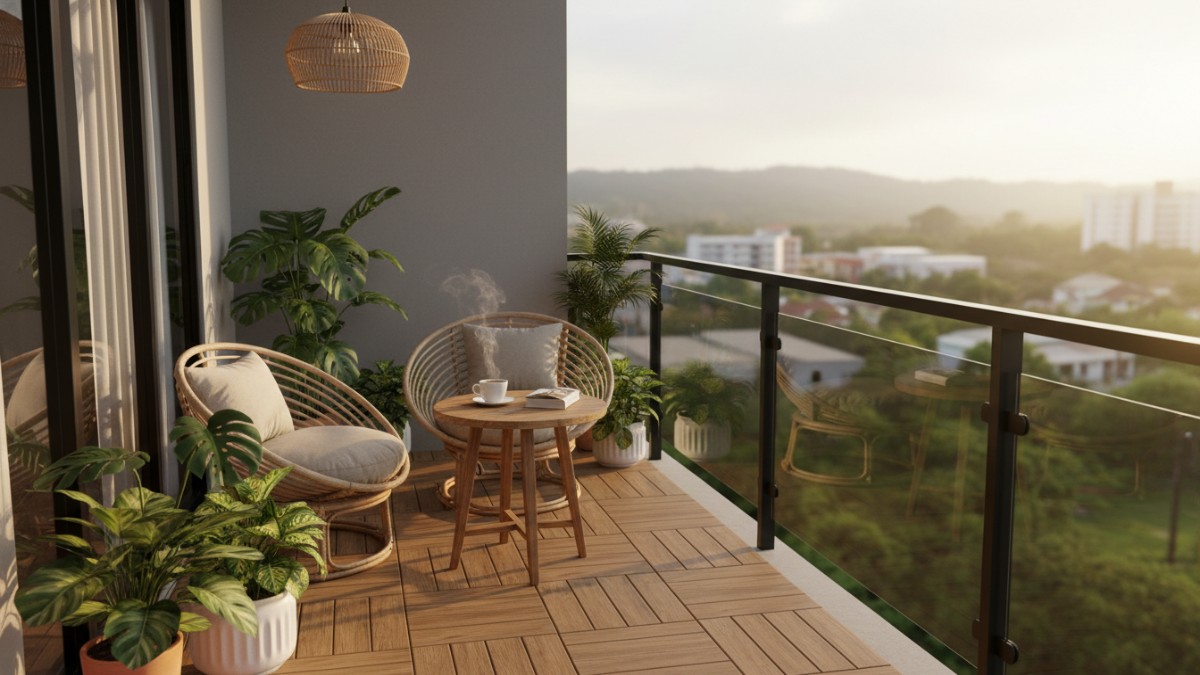 Inspirasi desain balkon rumah kecil dengan kursi santai dan tanaman hijau menciptakan ruang relaksasi nyaman.