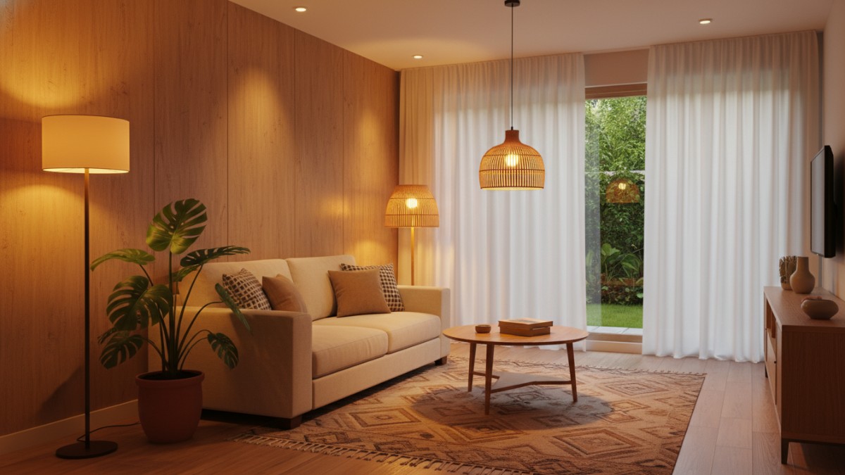 Interior ruang kecil dengan kombinasi lampu warm light yang menciptakan suasana nyaman.