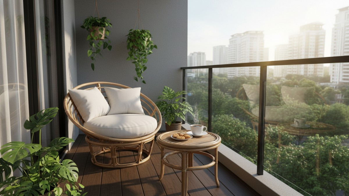 Inspirasi desain balkon dengan tanaman pot dan kursi santai.