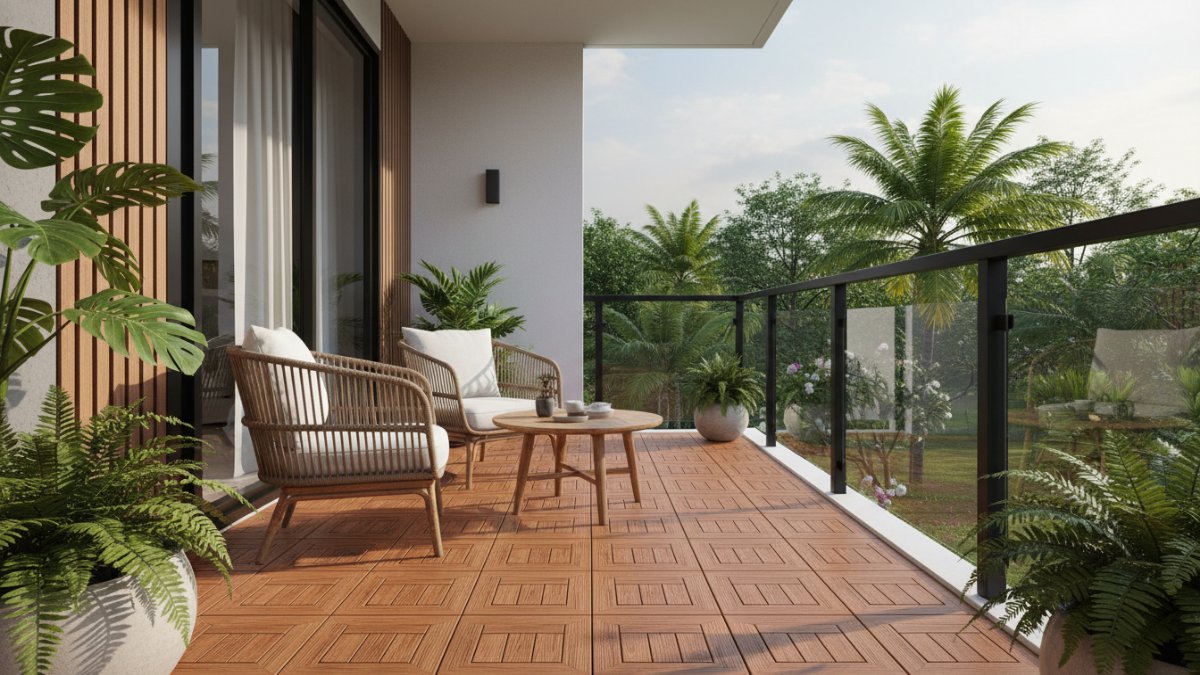 Ilustrasi balkon dengan lantai kayu 