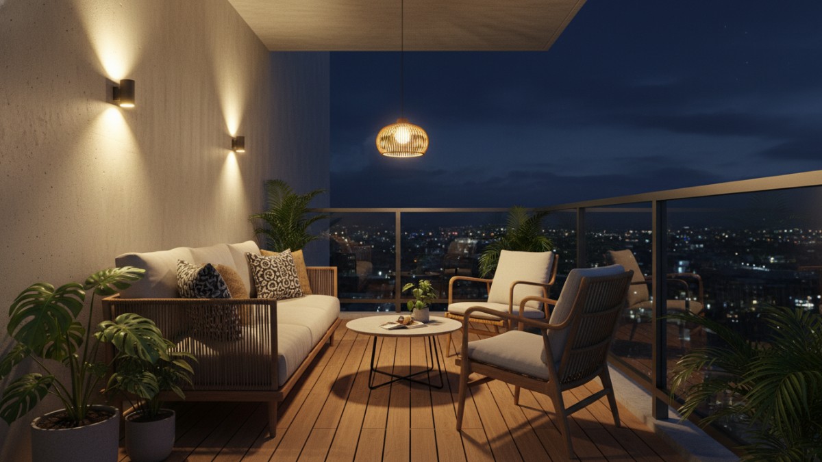 Ilustrasi balkon dengan lampu hangat untuk suasana santai.