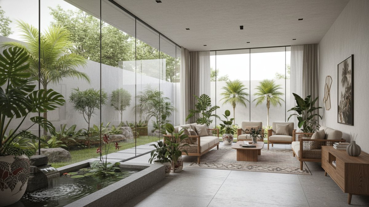 Desain rumah modern dengan taman indoor dan jendela kaca besar menghadirkan cahaya alami dan nuansa alam di ruang keluarga.