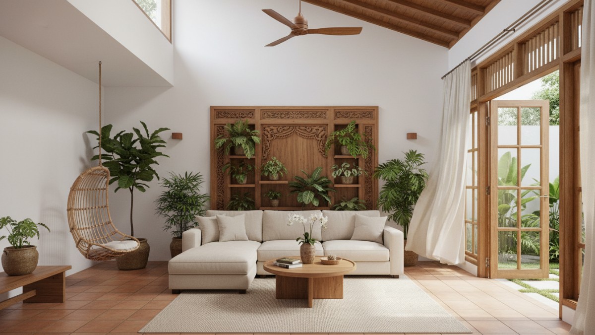 Interior rumah modern dengan konsep biophilic yang memadukan tanaman indoor, kayu alami, dan ventilasi alami.