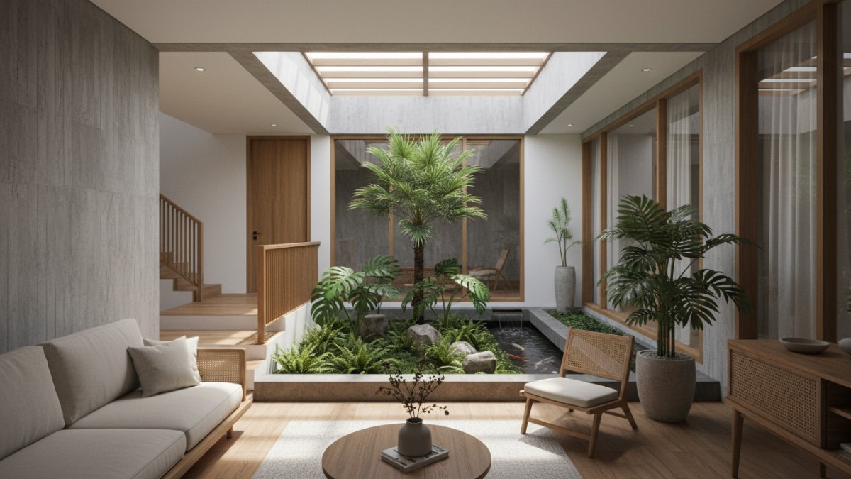  Taman dalam rumah atau inner garden Area hijau kecil di tengah rumah menjadi titik napas bangunan. Biasanya diletakkan di area void atau ruang keluarga. Tanaman tropis seperti palem, monstera, atau p