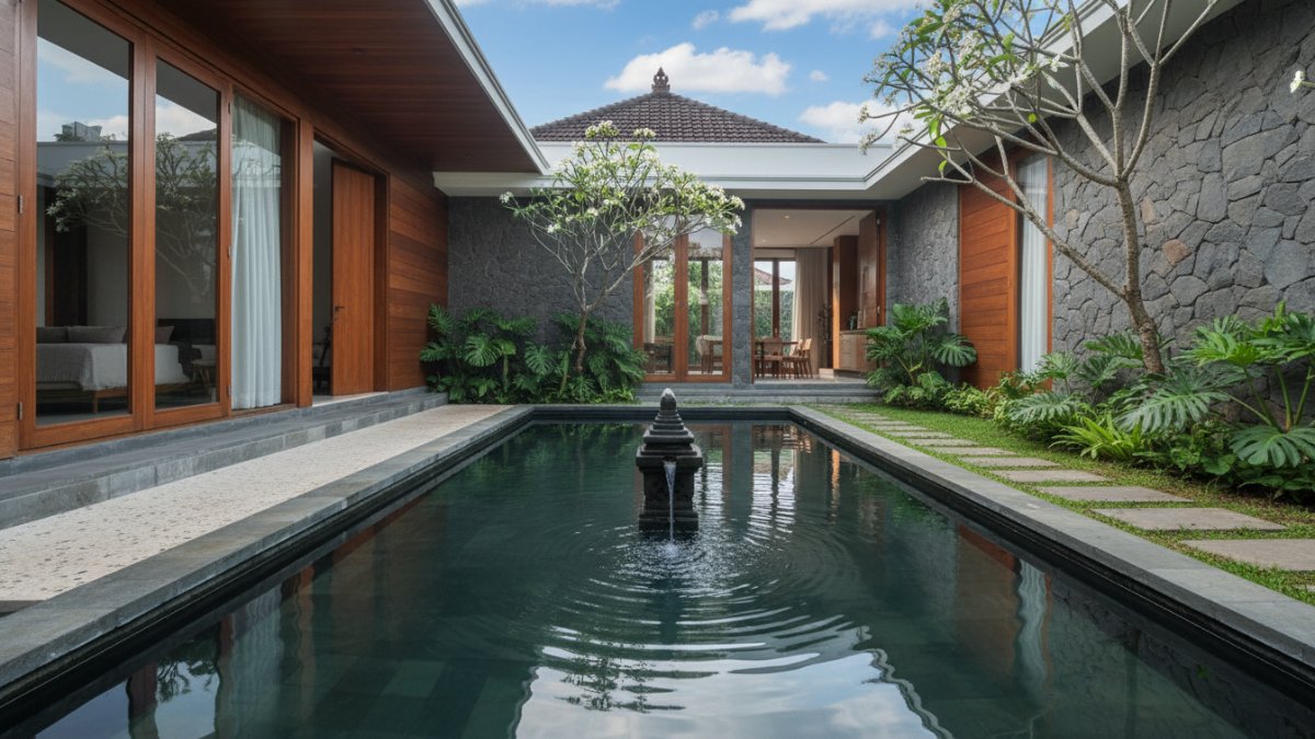 Kolam refleksi atau water feature Air memiliki efek psikologis menenangkan. Kolam kecil atau pancuran air sering ditempatkan di area foyer atau taman dalam rumah.