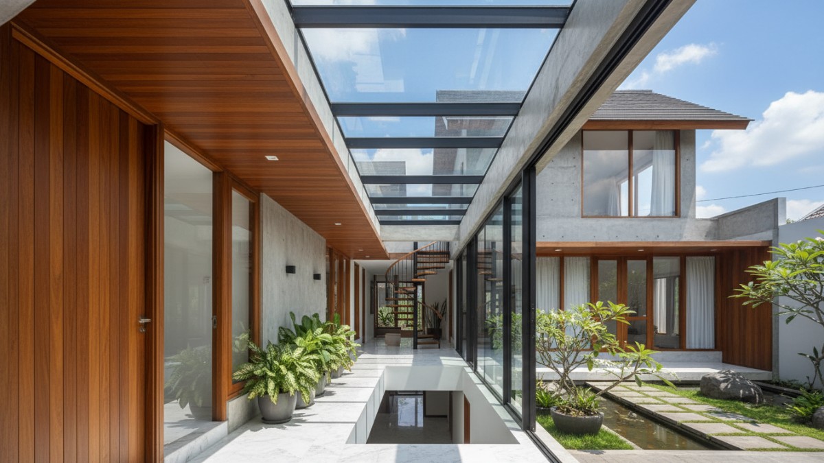  Atap skylight Panel kaca di atap memberi cahaya alami ke area dalam rumah yang biasanya gelap seperti tangga atau koridor.