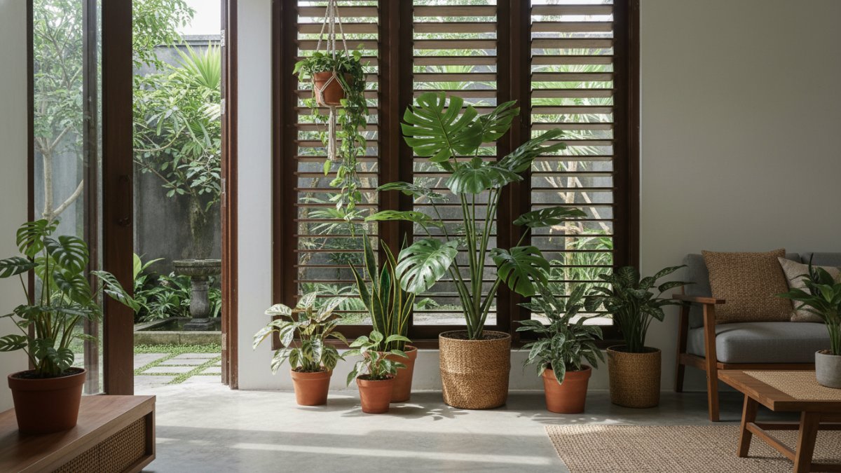 Taman rumah tropis dengan bunga warna-warni yang dipenuhi kupu-kupu hinggap di tanaman nektar.