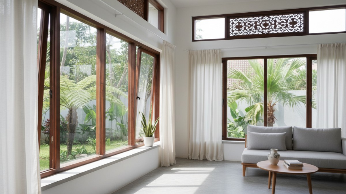 Desain jendela minimalis kaca besar pada rumah modern dengan pencahayaan alami.
