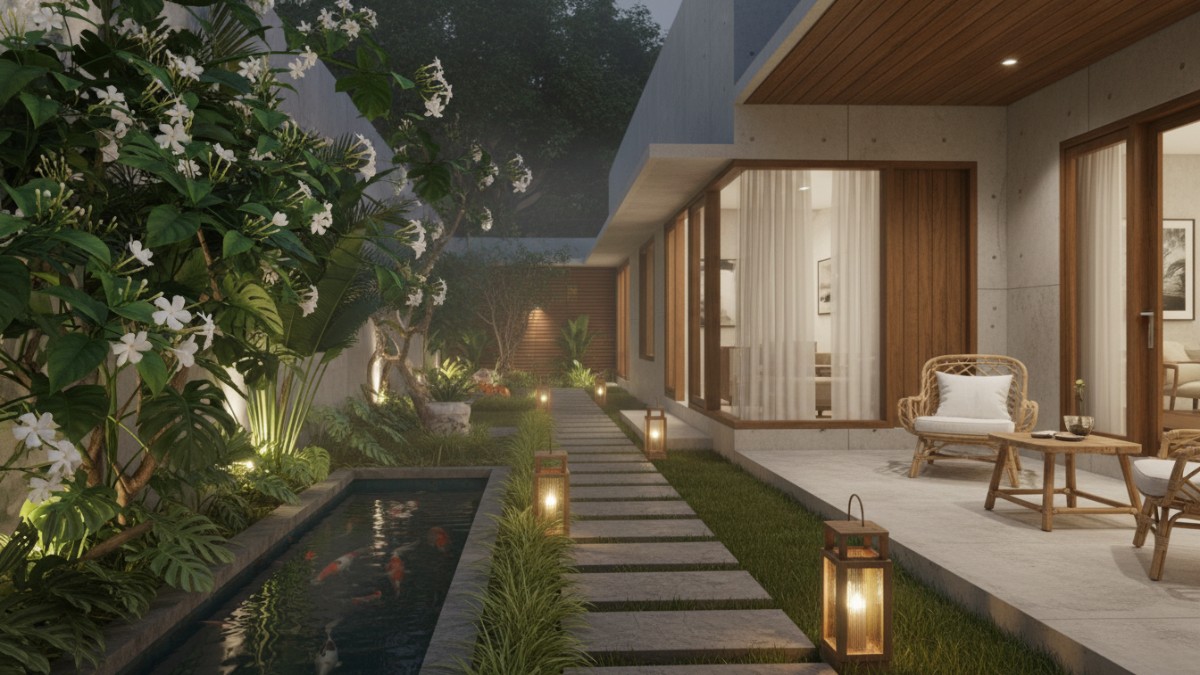 Taman rumah tropis pada malam hari dengan bunga melati malam dan lampu taman hangat menciptakan suasana santai aromatik.