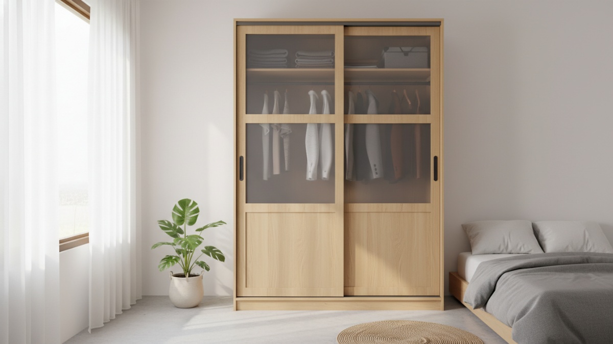Lemari sliding door tinggi 200 cm, hemat ruang.
