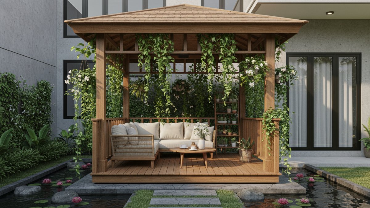 Gazebo taman dengan tanaman merambat dan pot gantung menciptakan ruang santai alami di halaman rumah.
