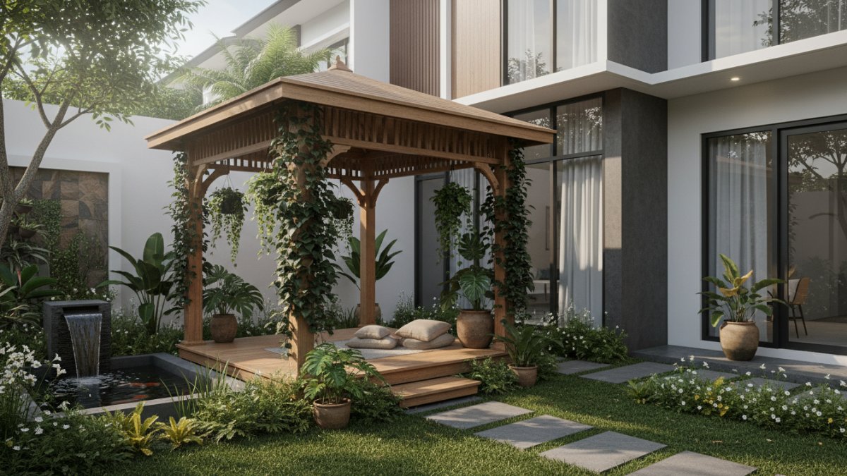 Gazebo taman yang dikelilingi tanaman hijau memperkuat suasana alami dan adem.