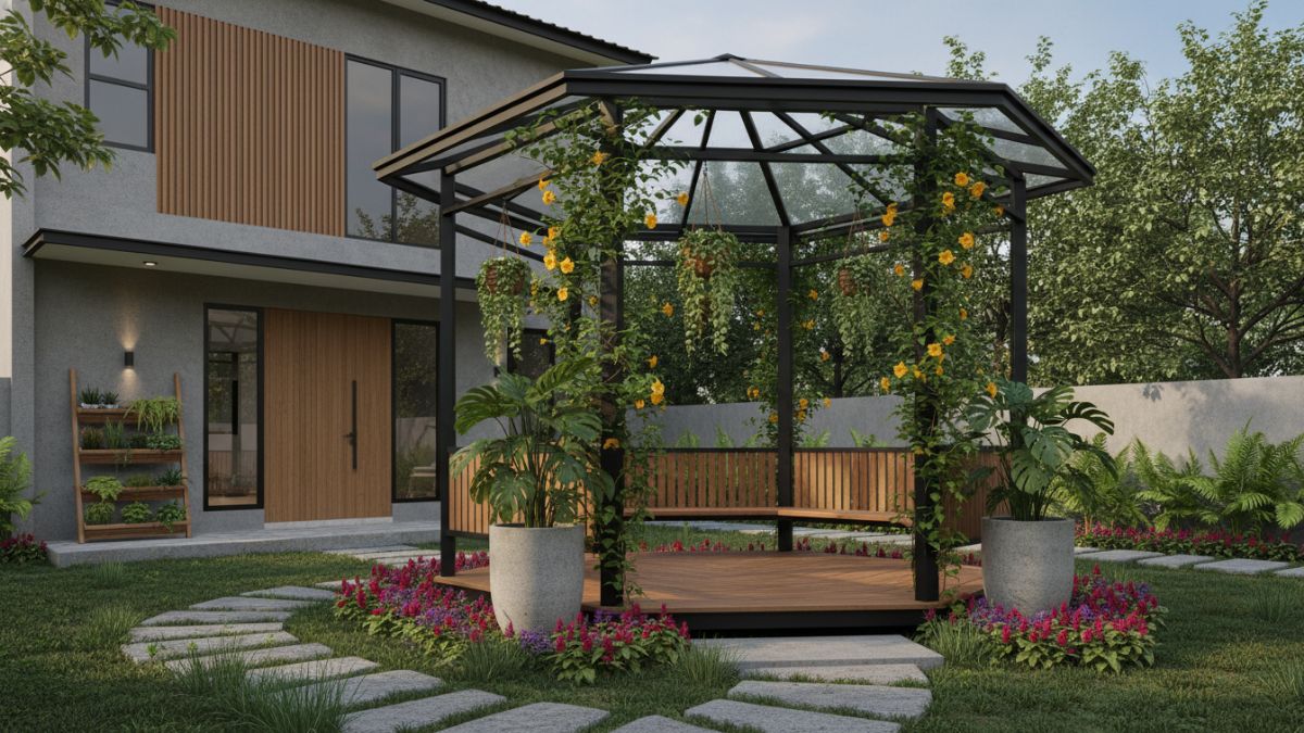 Inspirasi gazebo dengan tanaman merambat dan pot gantung yang menambah estetika taman.