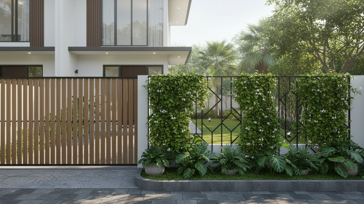 Pagar taman dengan teralis tanaman merambat menciptakan dinding hijau alami di halaman rumah.