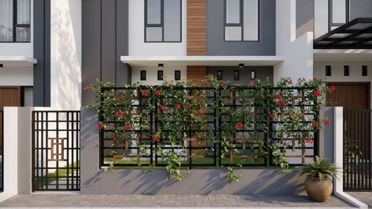 Struktur teralis kayu pada pagar taman membantu tanaman merambat tumbuh vertikal.
