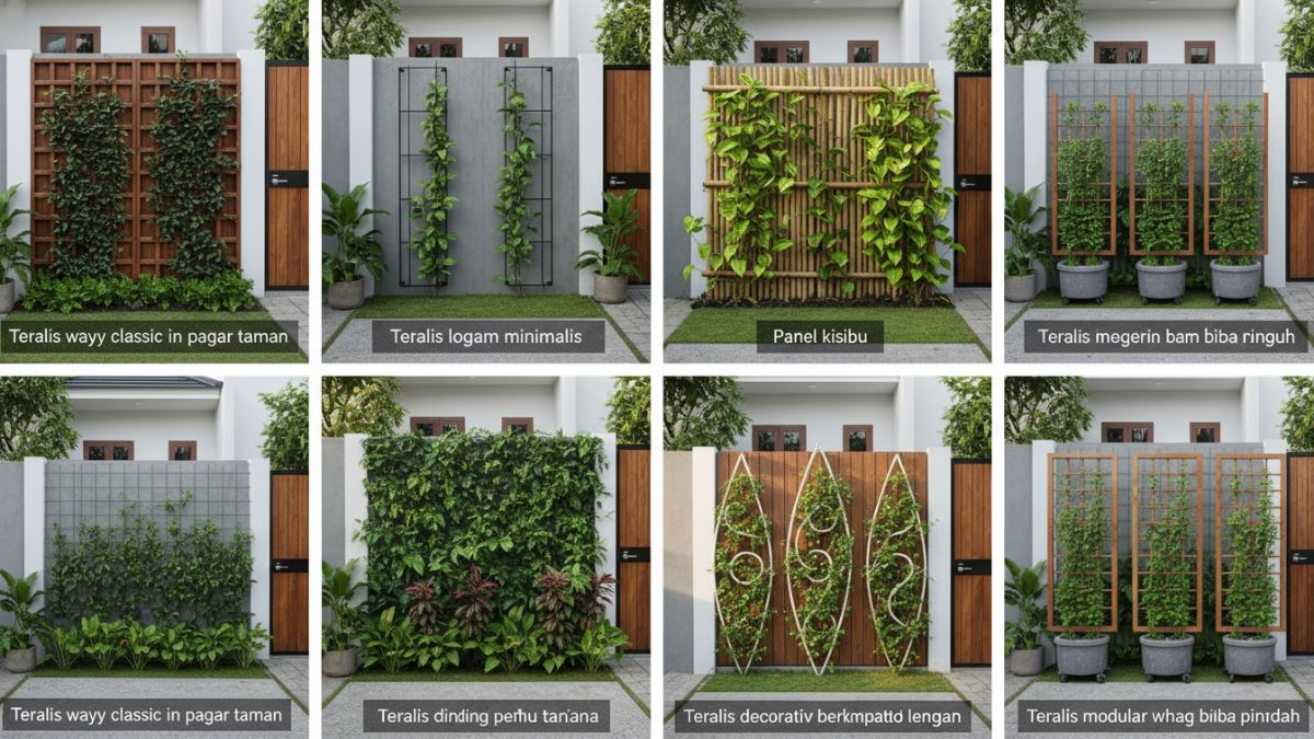 Berbagai model teralis taman seperti kayu, logam, dan bambu untuk tanaman merambat.