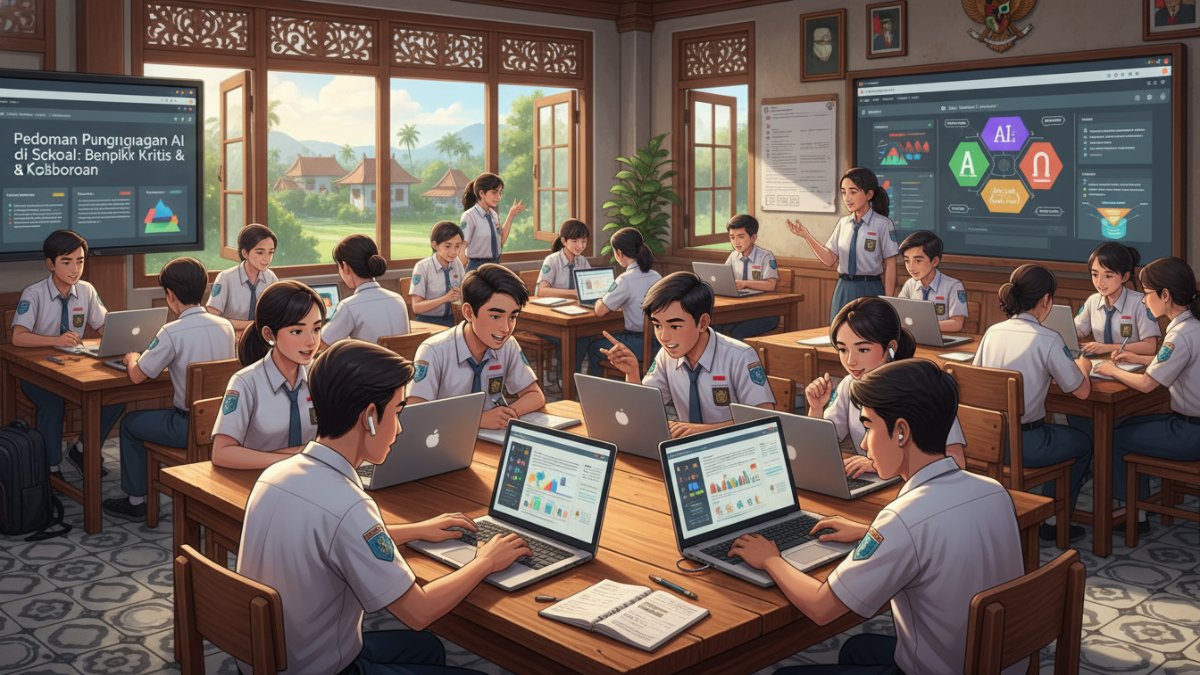 Pelajar di ruang kelas memanfaatkan teknologi belajar sambil tetap berdiskusi dan berpikir aktif sesuai pedoman baru penggunaan AI di sekolah.