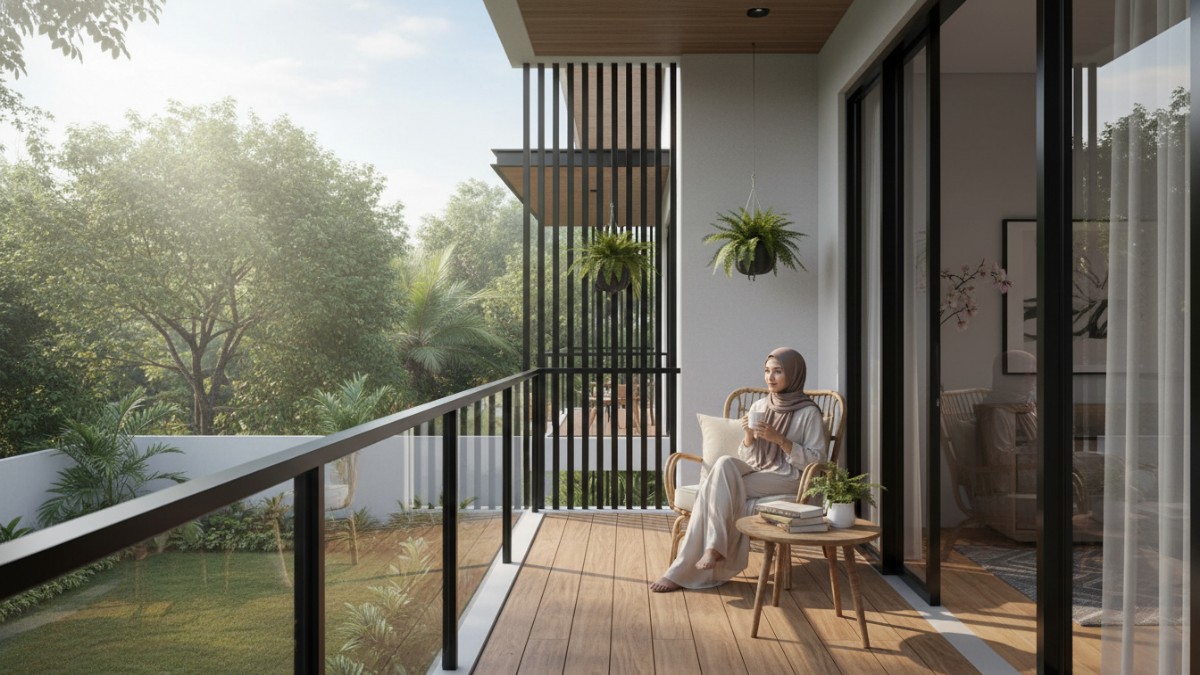 Balkon rumah kecil dengan kursi santai dan tanaman hias menciptakan ruang relaksasi di rumah.