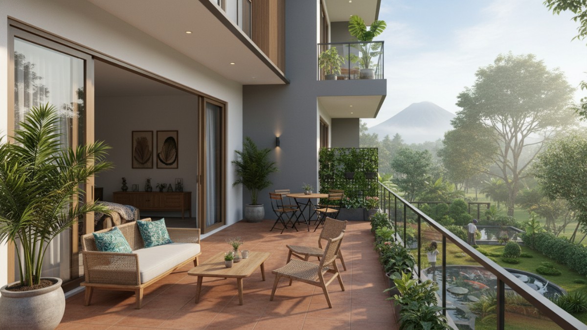 Teras rumah dengan tanaman pot dan kursi santai sebagai ruang duduk outdoor.