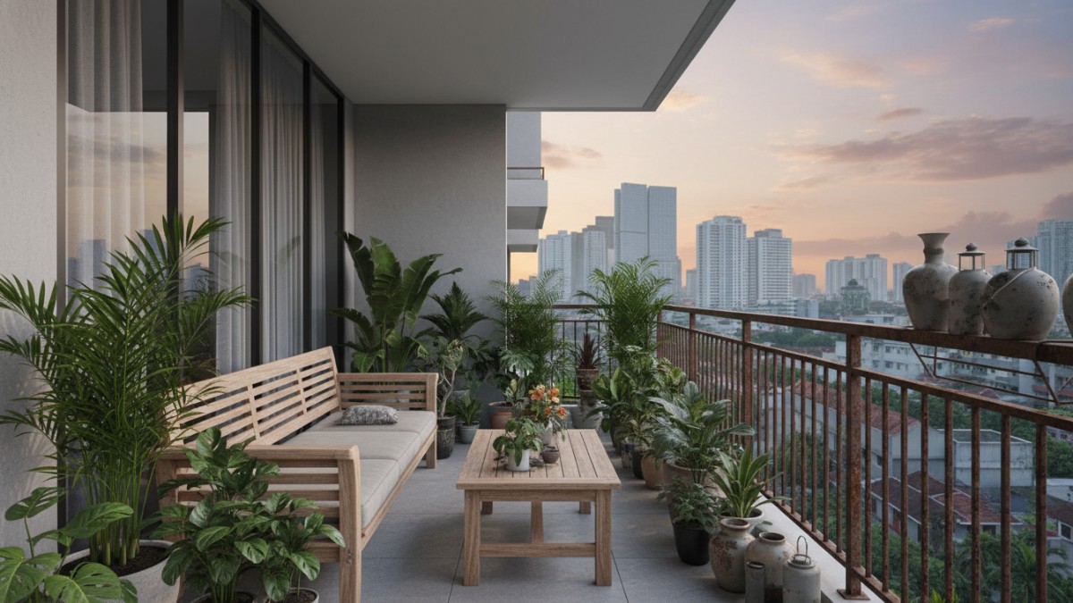 Contoh balkon yang terlalu penuh furnitur sehingga ruang terasa sempit.