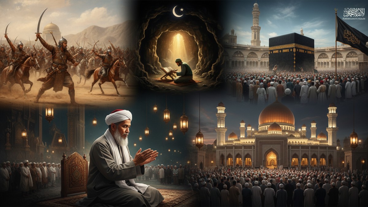 Ilustrasi sejarah peristiwa penting yang terjadi pada bulan Ramadhan mulai dari turunnya Al-Qur&rsquo;an hingga berbagai kejadian besar dalam perjalanan umat Islam. 