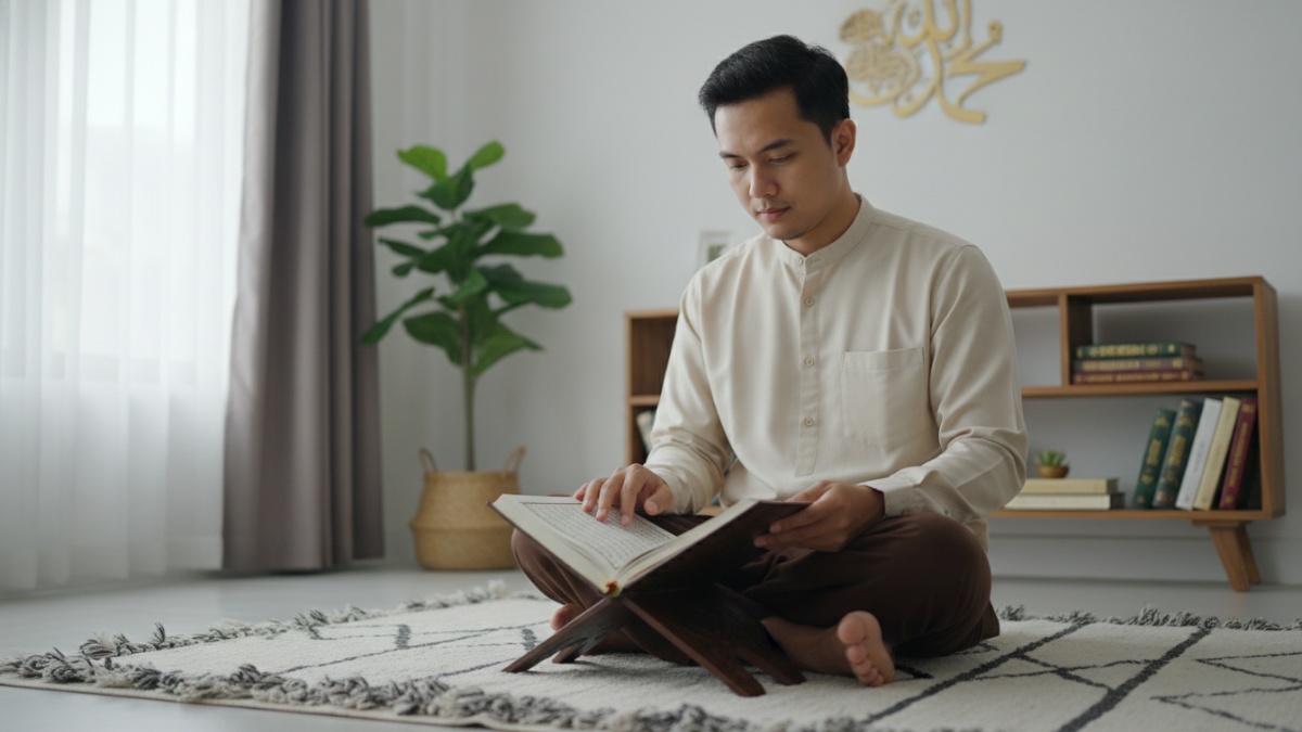 Ilustrasi umat Islam membaca Al-Qur&rsquo;an bersama pada malam Ramadhan sebagai simbol peringatan Nuzulul Qur&rsquo;an. 
