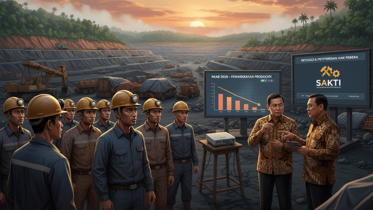 Ilustrasi aktivitas pekerja tambang batu bara di Kalimantan Timur yang menghadapi ketidakpastian kebijakan produksi RKAB 2026.
