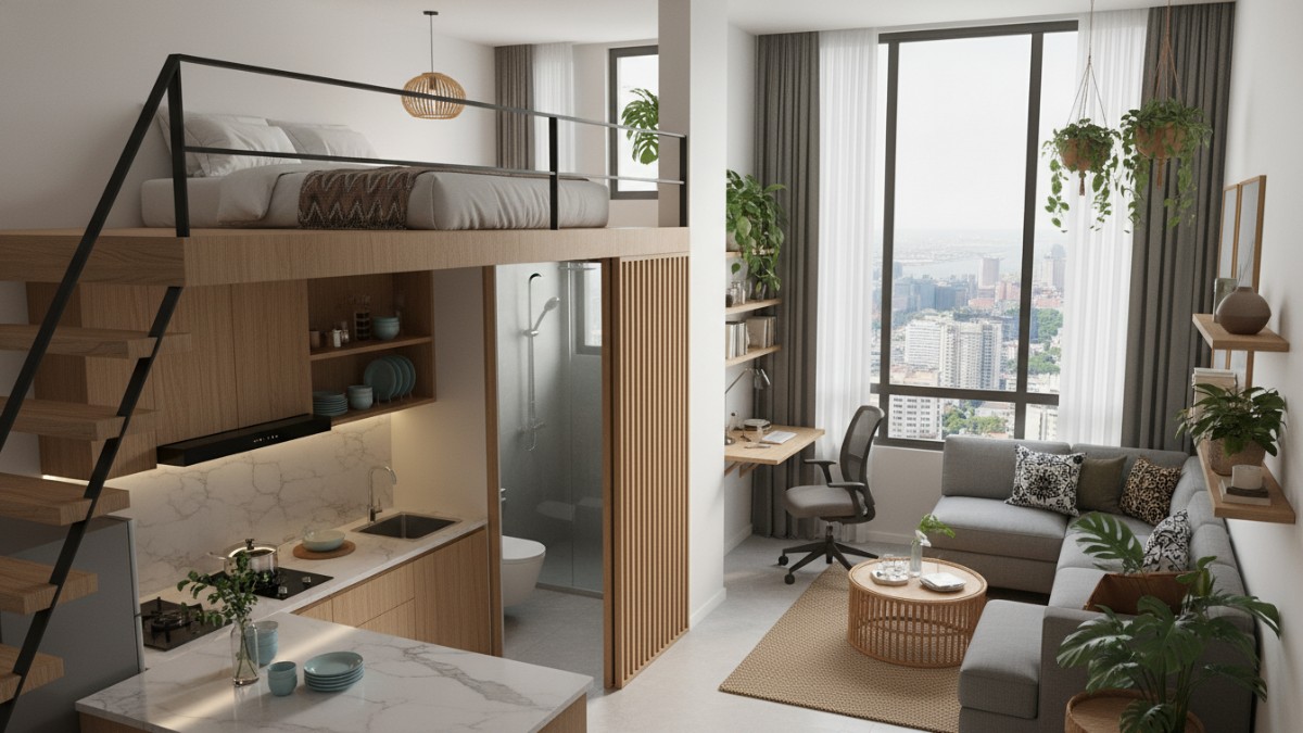 Ruang apartemen minimalis dengan palet warna netral khas Japandi Natural.