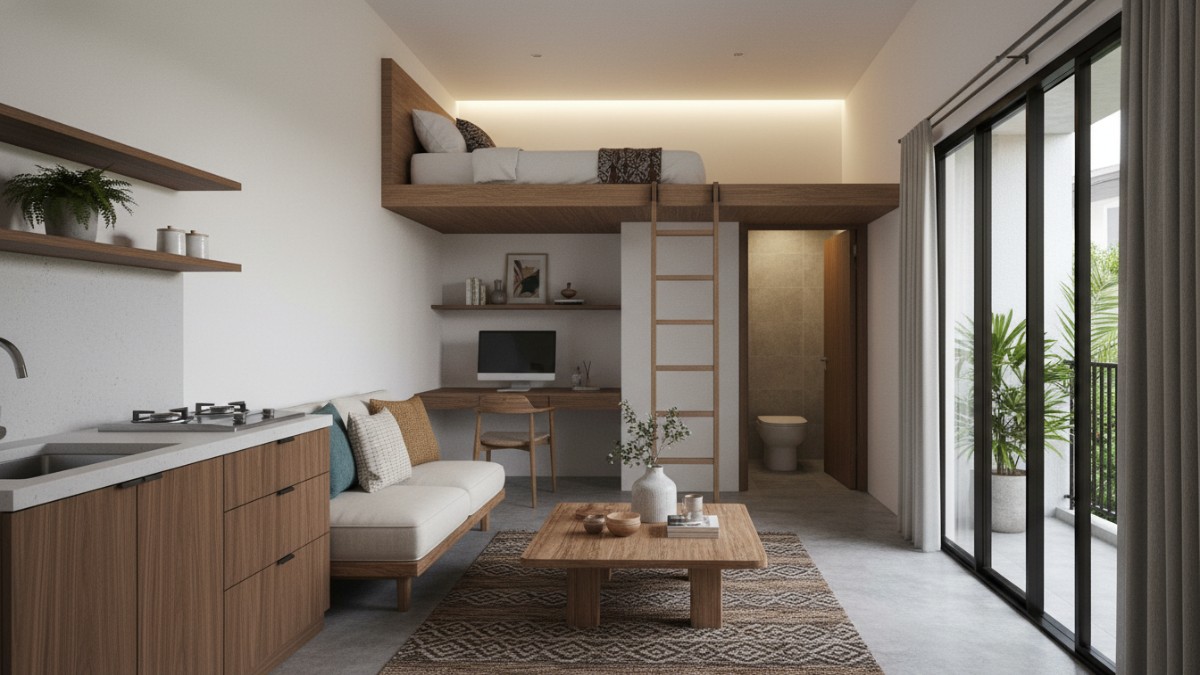 Furnitur rendah dan sederhana pada ruang tamu apartemen bergaya Jepang modern.