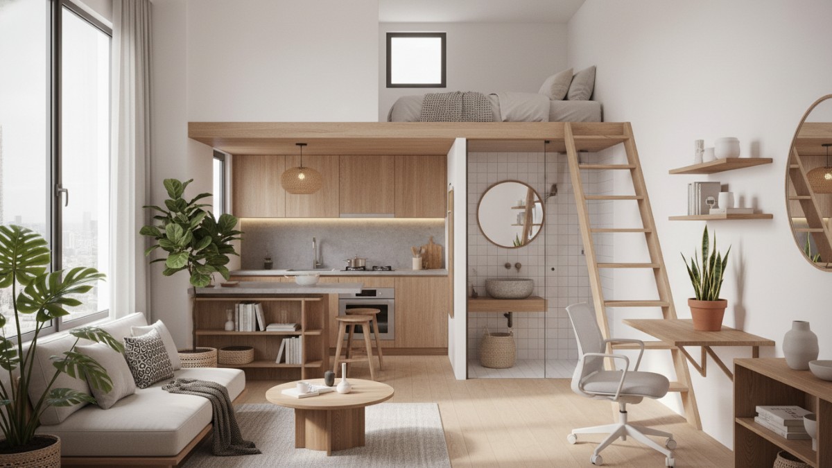 Interior apartemen gaya Japandi Natural dengan dominasi kayu terang dan pencahayaan hangat yang menciptakan ruang minimalis elegan.