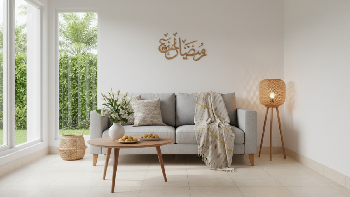 Ruang tamu minimalis kecil dengan sofa ramping dan dekorasi Lebaran sederhana sehingga ruangan terlihat rapi dan lapang.