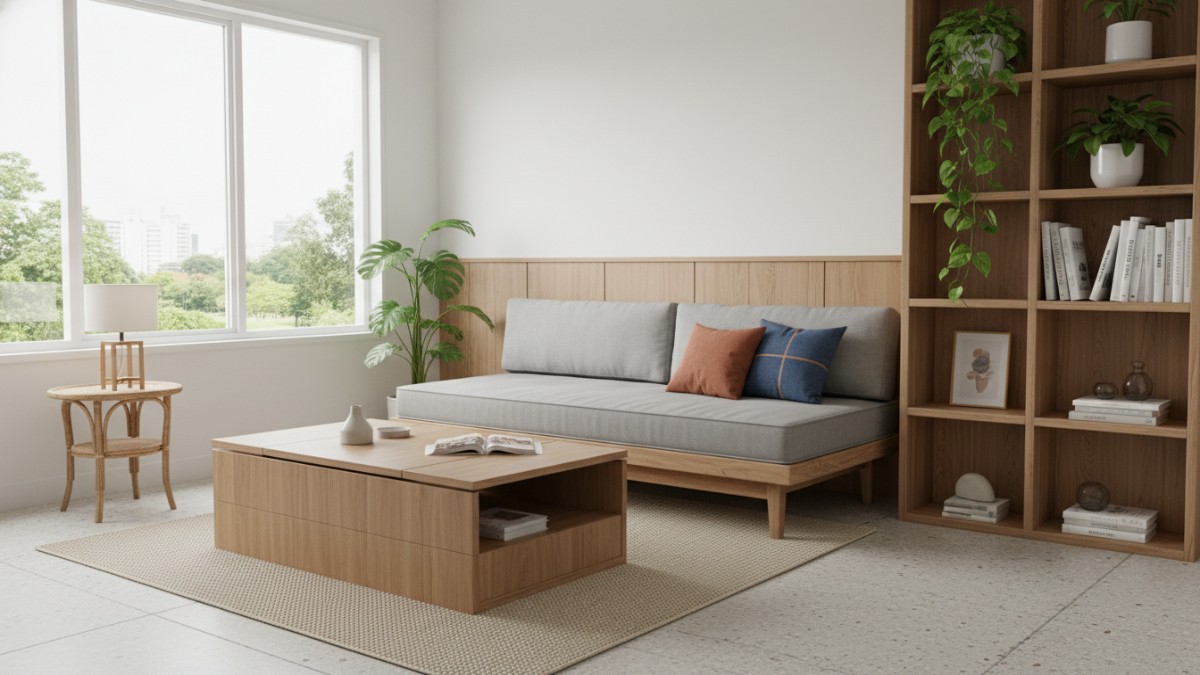 Ruang tamu kecil menggunakan furnitur multifungsi dan dekorasi minimalis.