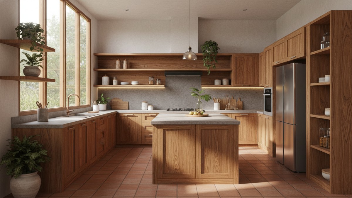 Interior dapur minimalis dengan dominasi material kayu dan pencahayaan alami yang menciptakan suasana hangat dan natural.