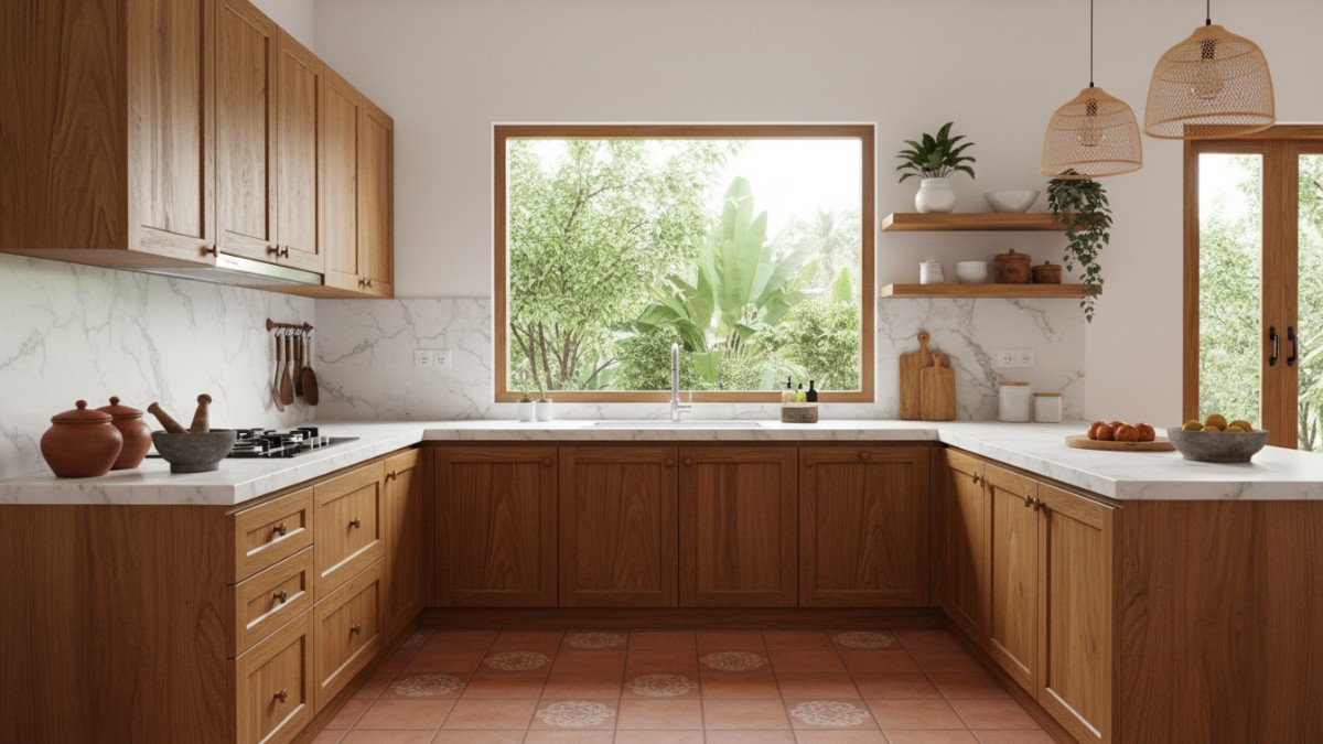 Kabinet dapur berbahan kayu dengan warna natural yang dipadukan dengan dinding putih membuat dapur terasa terang dan hangat.