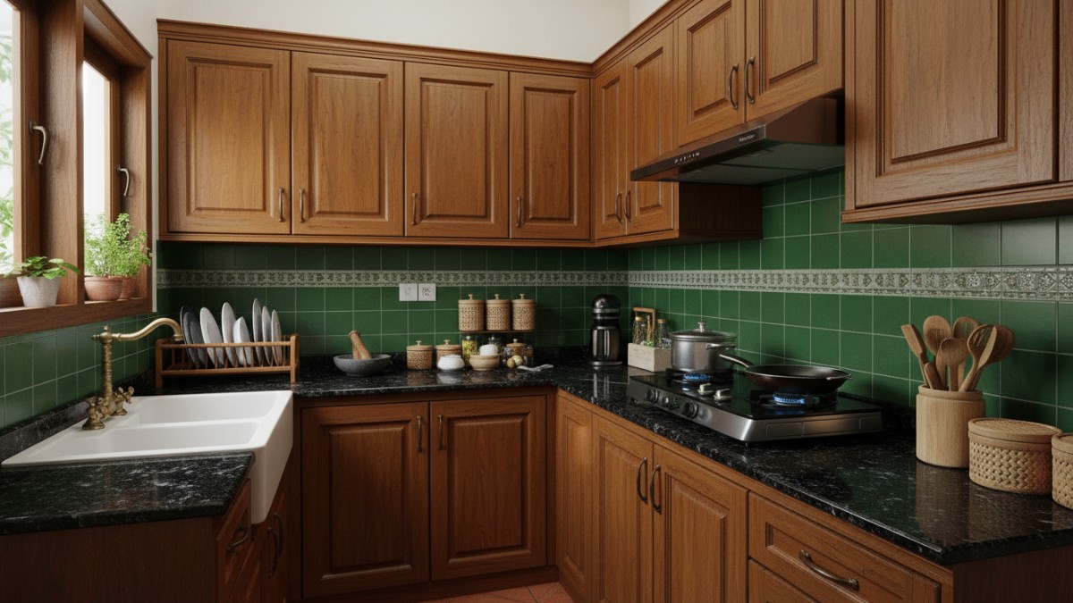 Dapur kecil dengan kabinet kayu gelap yang terlihat padat dibandingkan dapur dengan kombinasi warna terang.